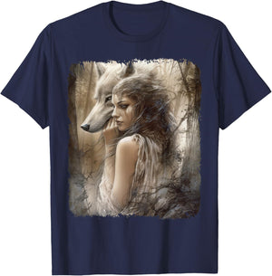 Woman and Grey Wolf in Forest Fantasy T-Shirt - T-Shirt | Navy
