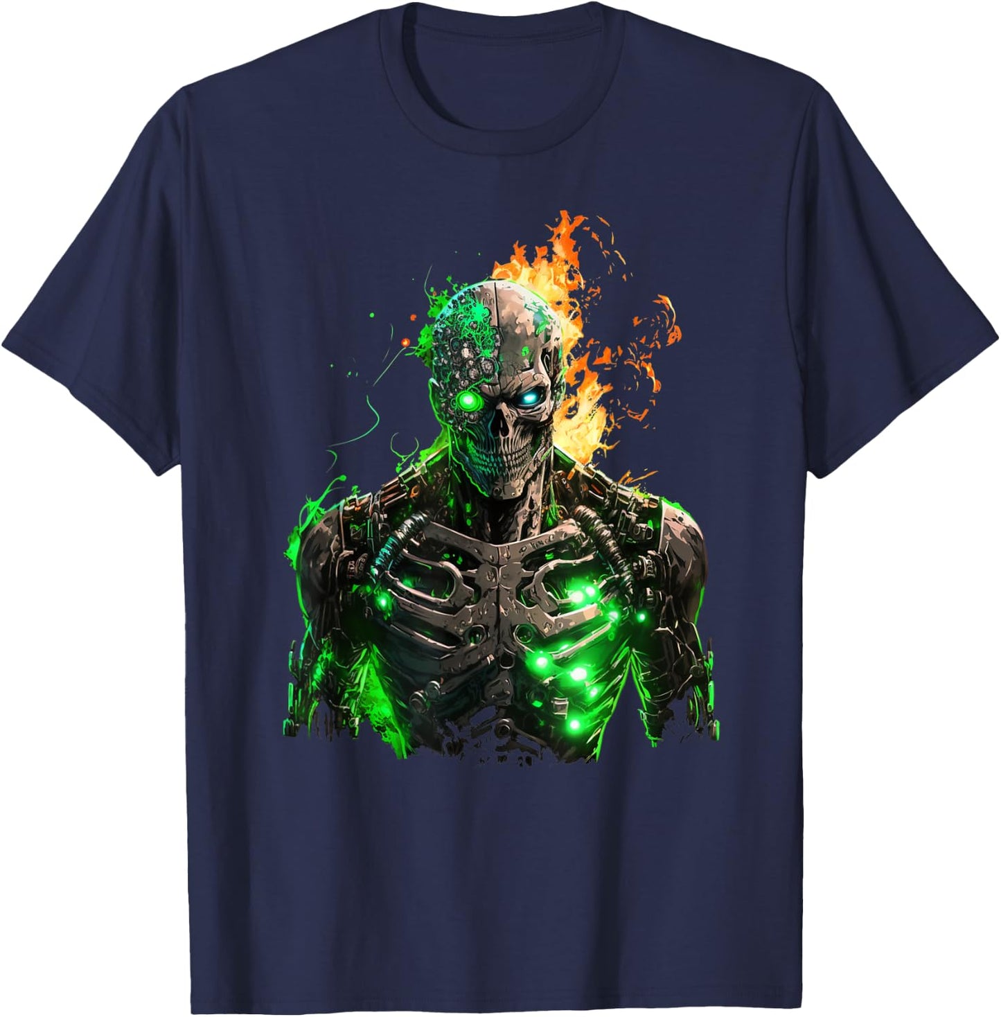 Flaming Skeleton Cyborg Graphic T-Shirt - T-Shirt | Navy