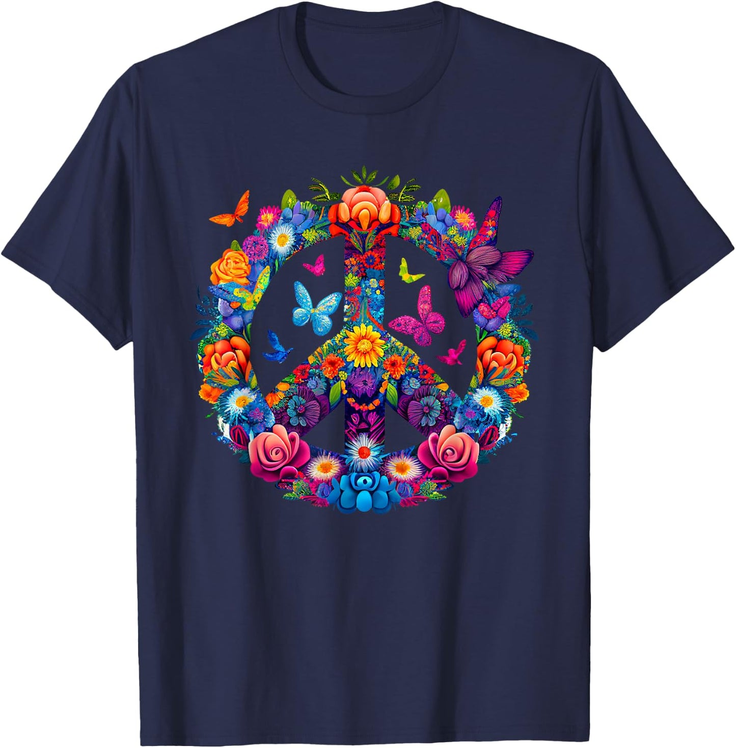 Peace Love 60's 70's groovy Costume Colorful Flowers T-Shirt - T-Shirt | Navy