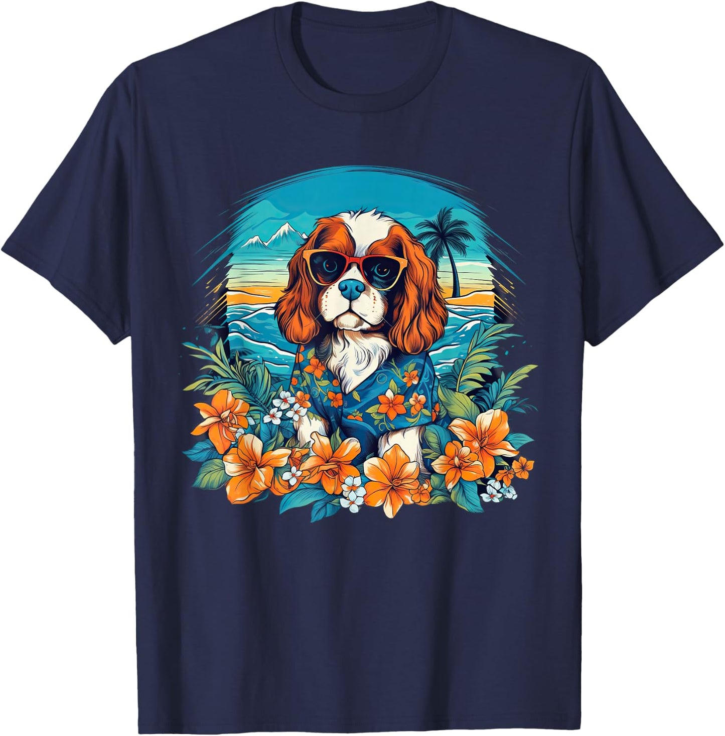Floral Beach Vacation Cavalier King Charles Spaniel Dog T-Shirt - T-Shirt | Navy