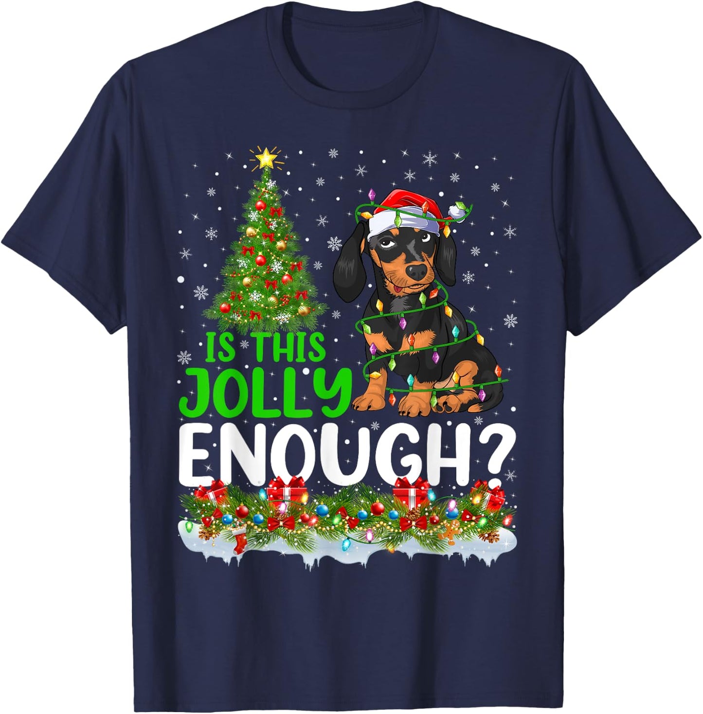 Is This Jolly Enough Dachshund Dog Christmas Tree Men Women Kids T-Shirt - T-Shirt | Navy