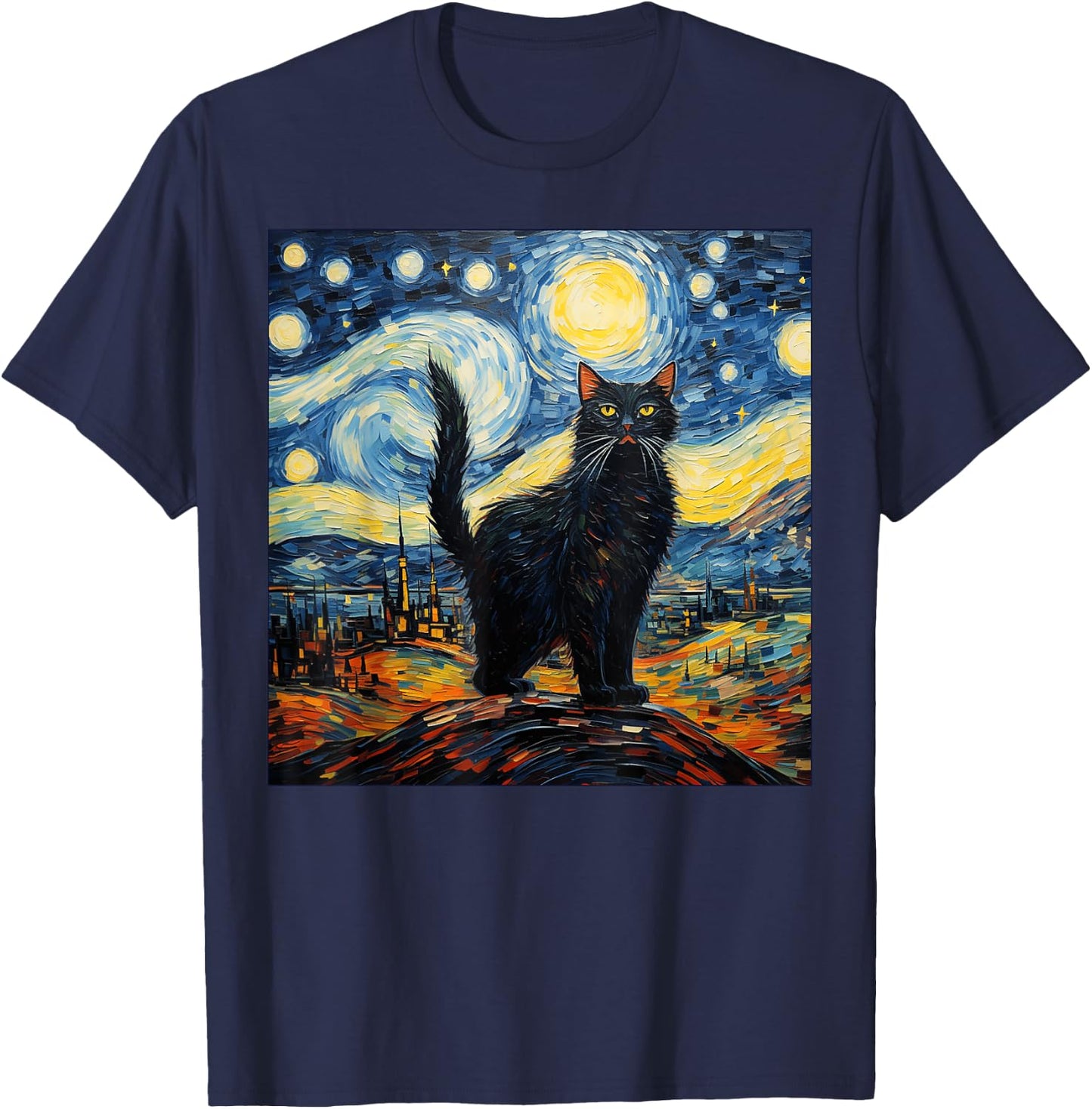 Van Gogh Starry Night Black Cat Gifts for Cats Lover Mom Dad Women Kids T-Shirt - T-Shirt | Navy