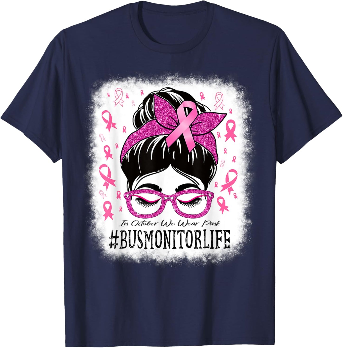 Bus Monitor In October We Wear Pink Breast Cancer Awareness T-Shirt - T-Shirt | Navy