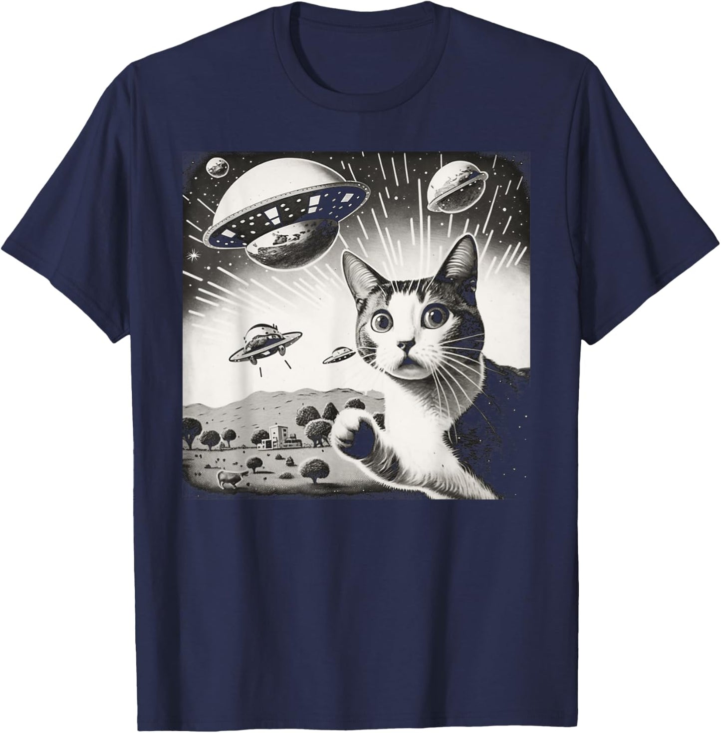 Cat Incident Involving UAPs Funny UFO Retro Aliens Men Women Kids T-Shirt - T-Shirt | Navy