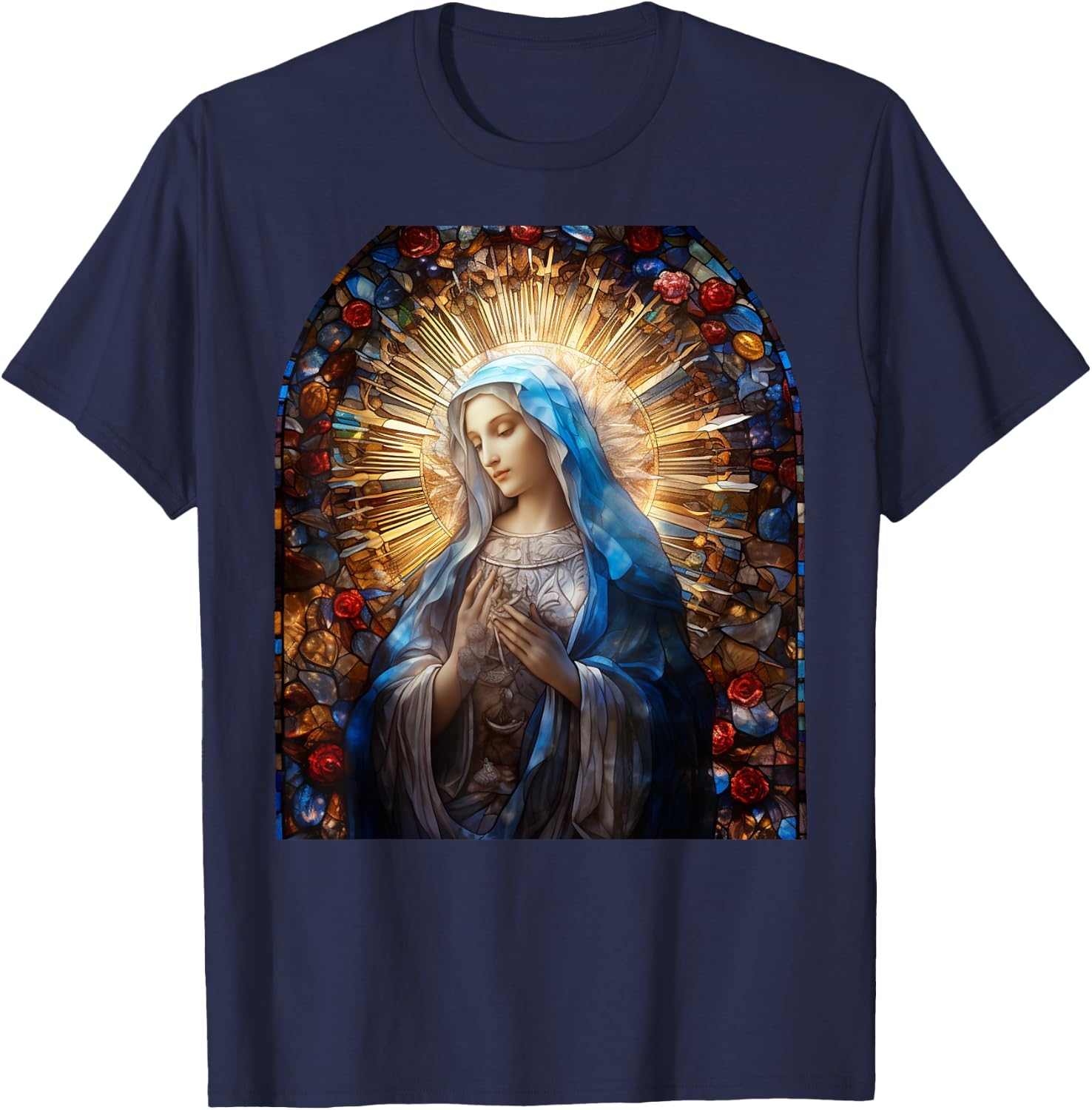 Blessed Virgin Mary Stained Glass T-Shirt - T-Shirt | Navy