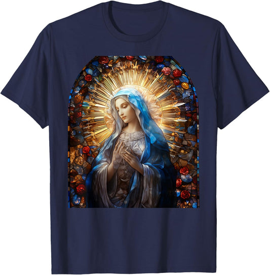 Blessed Virgin Mary Stained Glass T-Shirt - T-Shirt | Navy