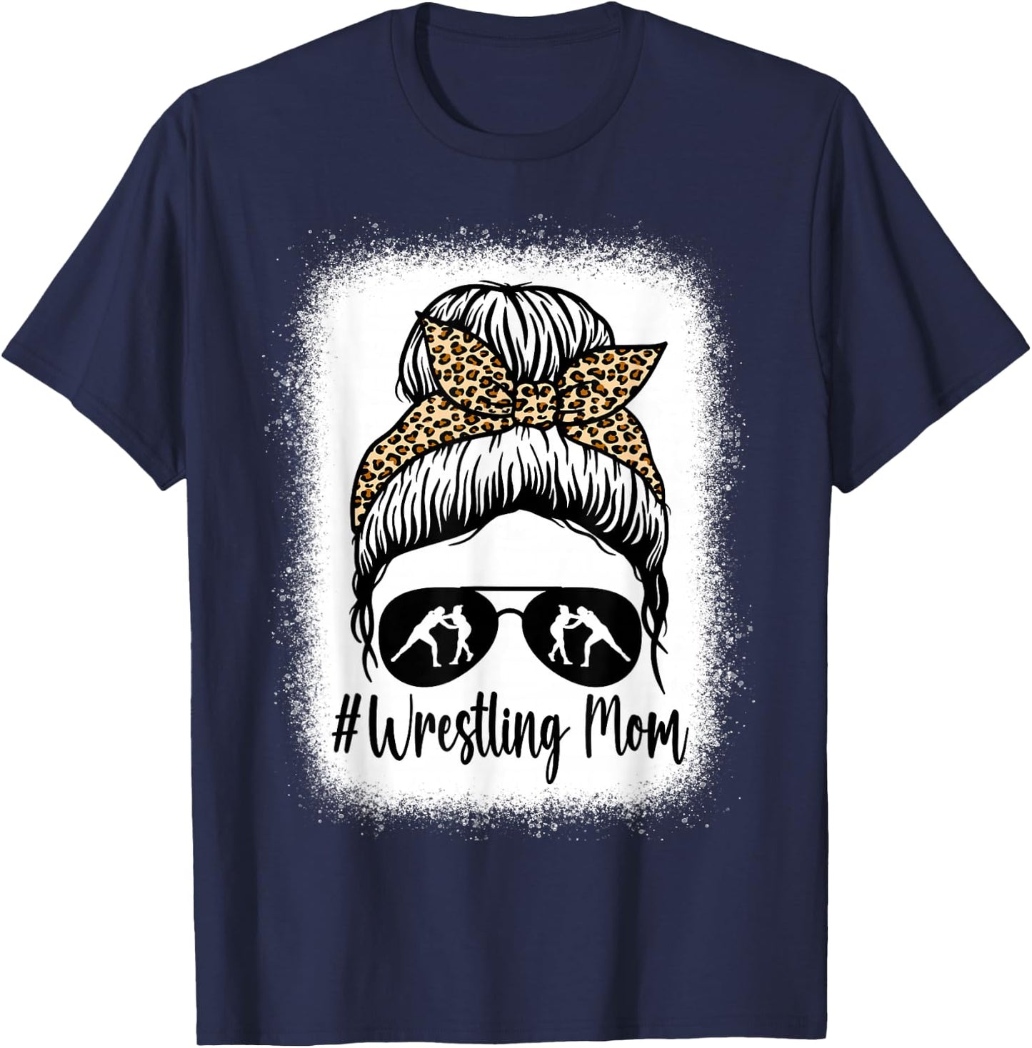 Bleached Life Wrestling Mom Women Leopard Messy Bun Glasses T-Shirt - T-Shirt | Navy