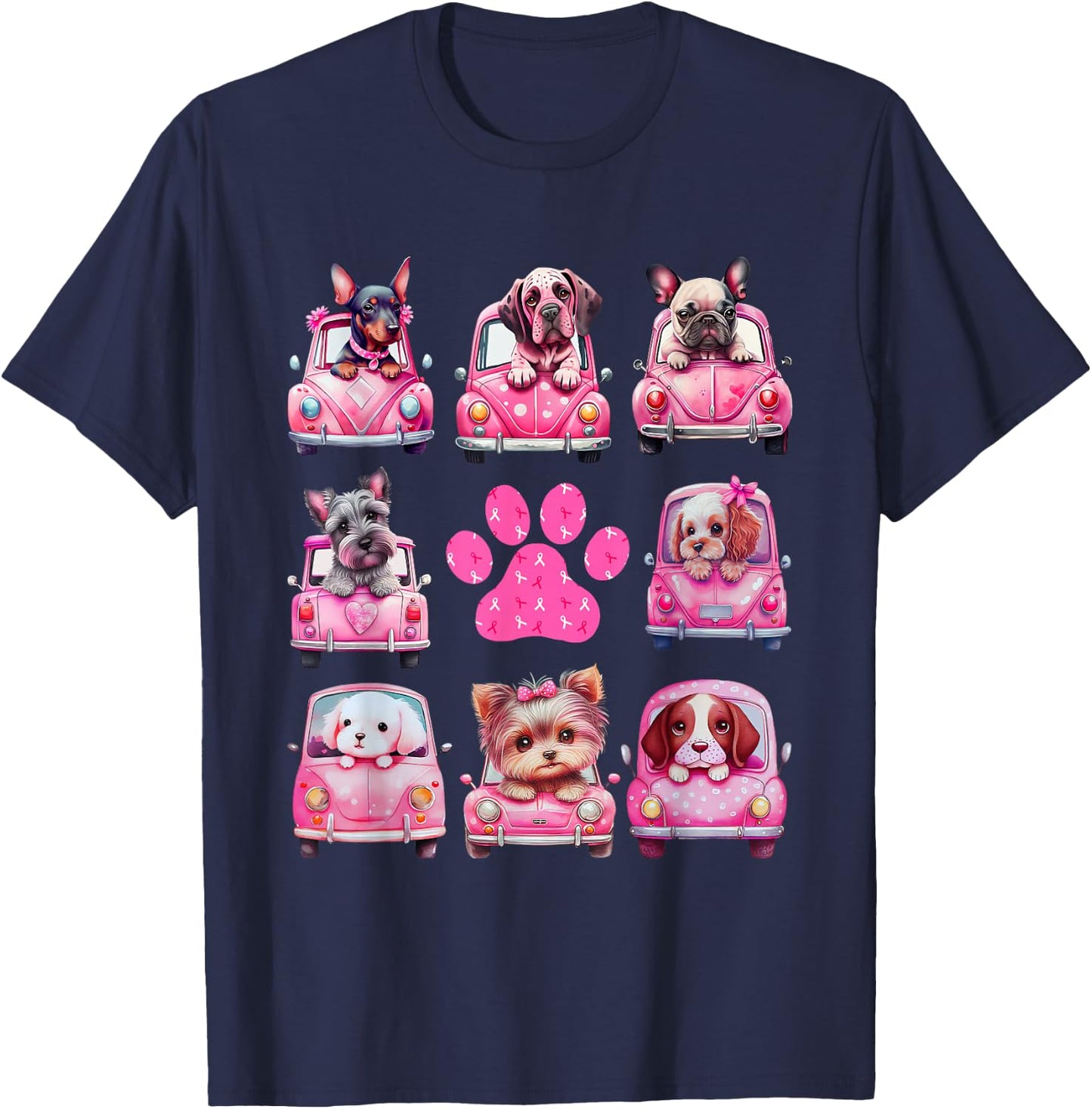 Breast Cancer Puppy Dogs Paw Print Cute Pink October 2024 T-Shirt - T-Shirt | Navy
