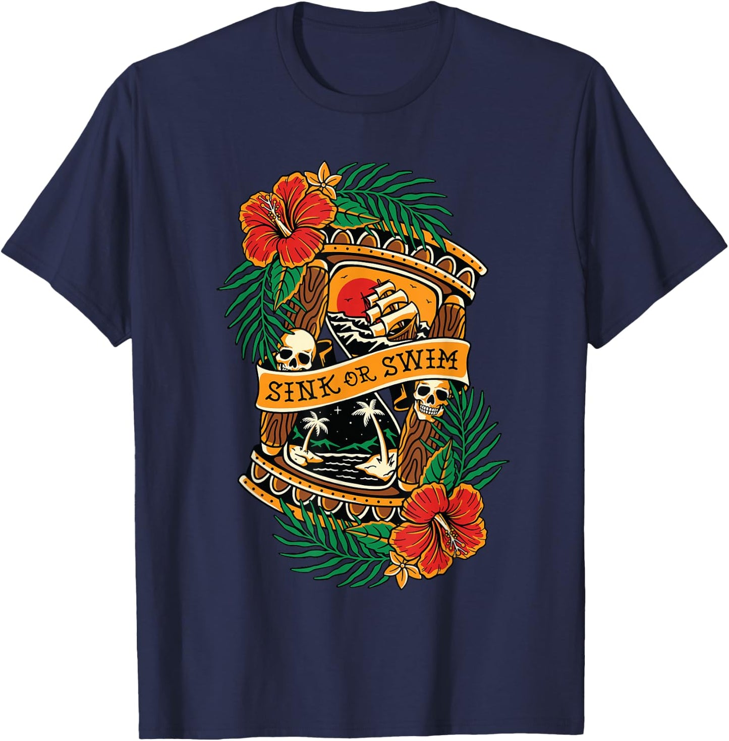 American Traditional Tattoo Old School Flash Skull Hourglass T-Shirt - T-Shirt | Navy
