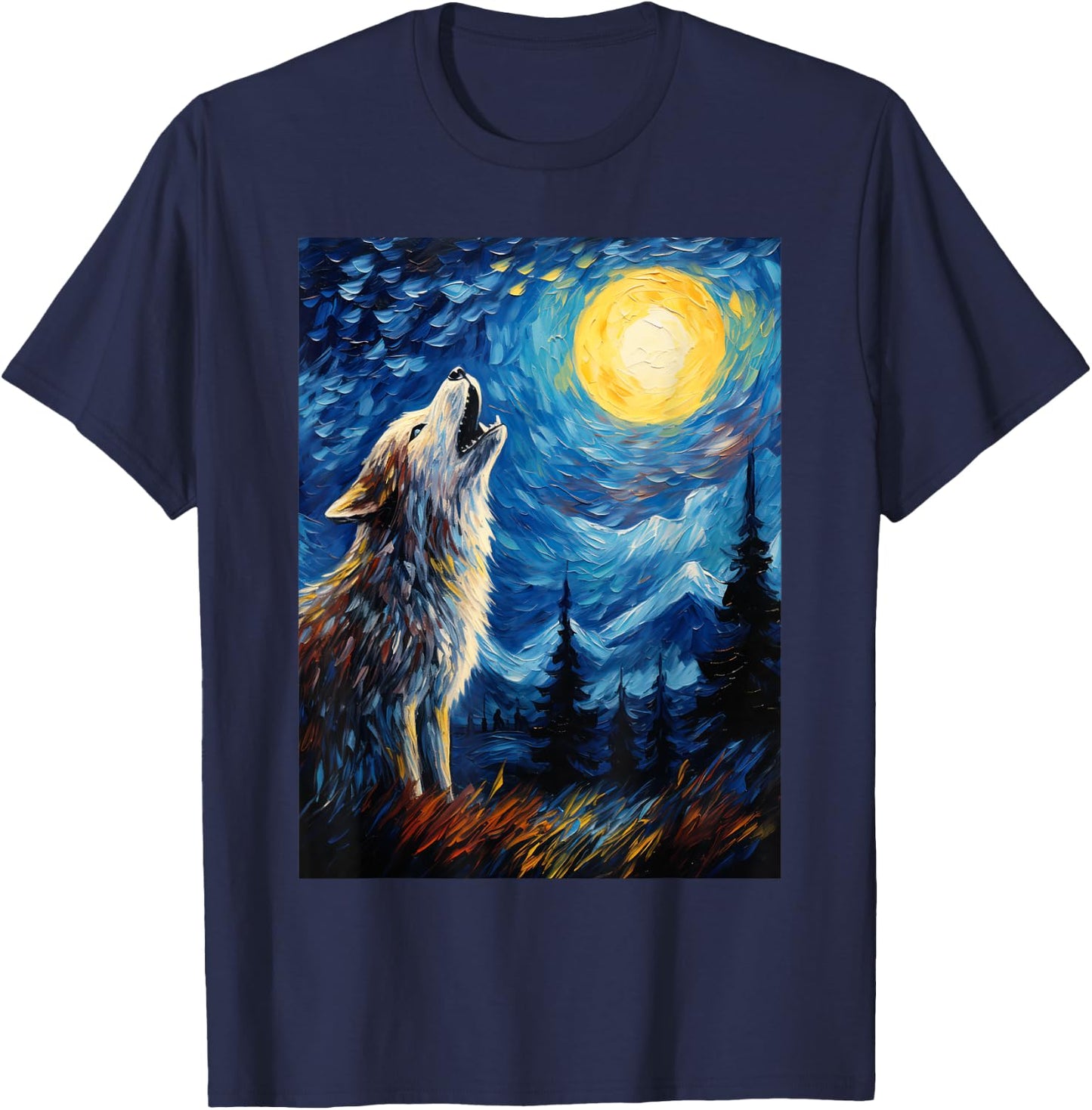 Wolf Starry Night Van Gogh Style Moon T-Shirt - T-Shirt | Navy