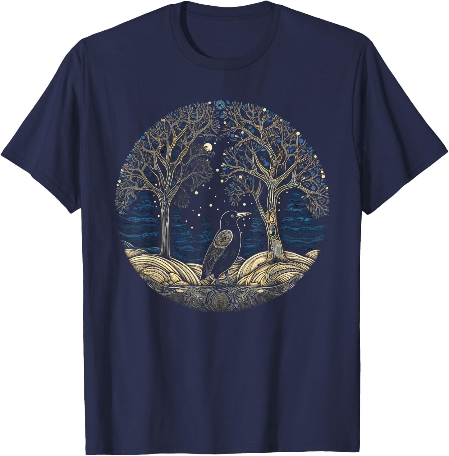 Bird Tree Artwork | Animal Motif Bird T-Shirt - T-Shirt | Navy