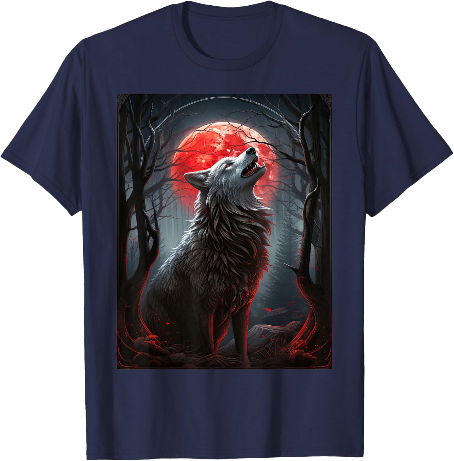 Wolf in a forest howling at the Moon Fantasy Art Wildlife T-Shirt - T-Shirt | Navy