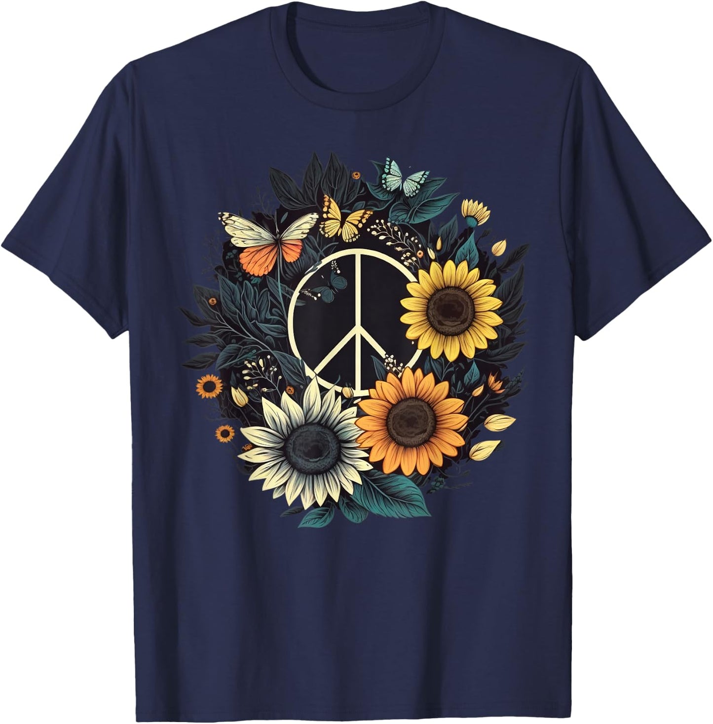 PEACE SIGN LOVE Sunflower on 60s 70s Sunflower Hippie T-Shirt - T-Shirt | Navy