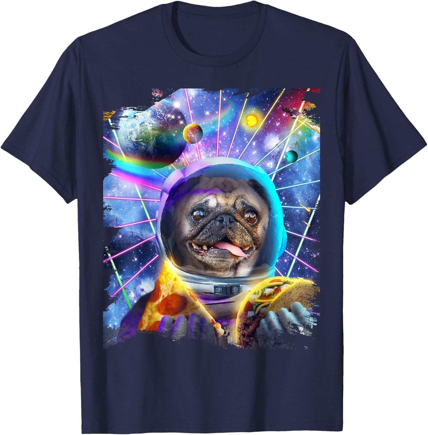 Dog Pug Astronaut In Space Eating Pizza Taco T-Shirt - T-Shirt | Navy