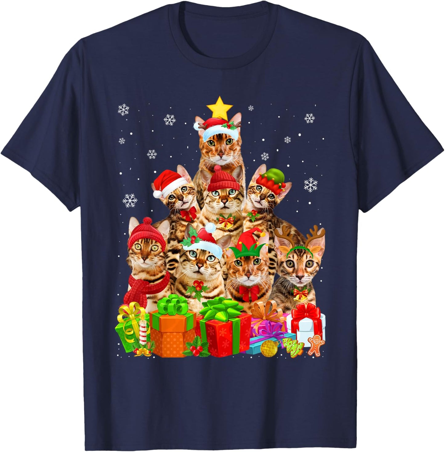 Ugly Christmas Sweater Cat Tree Funny Bengal Cat Xmas T-Shirt - T-Shirt | Navy