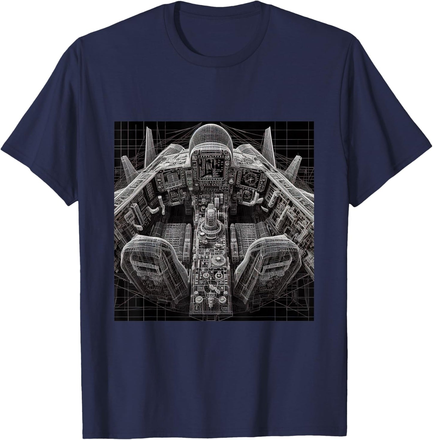 F14 Tomcat Jet Fighter Cockpit Wireframe Blueprint T-Shirt - T-Shirt | Navy