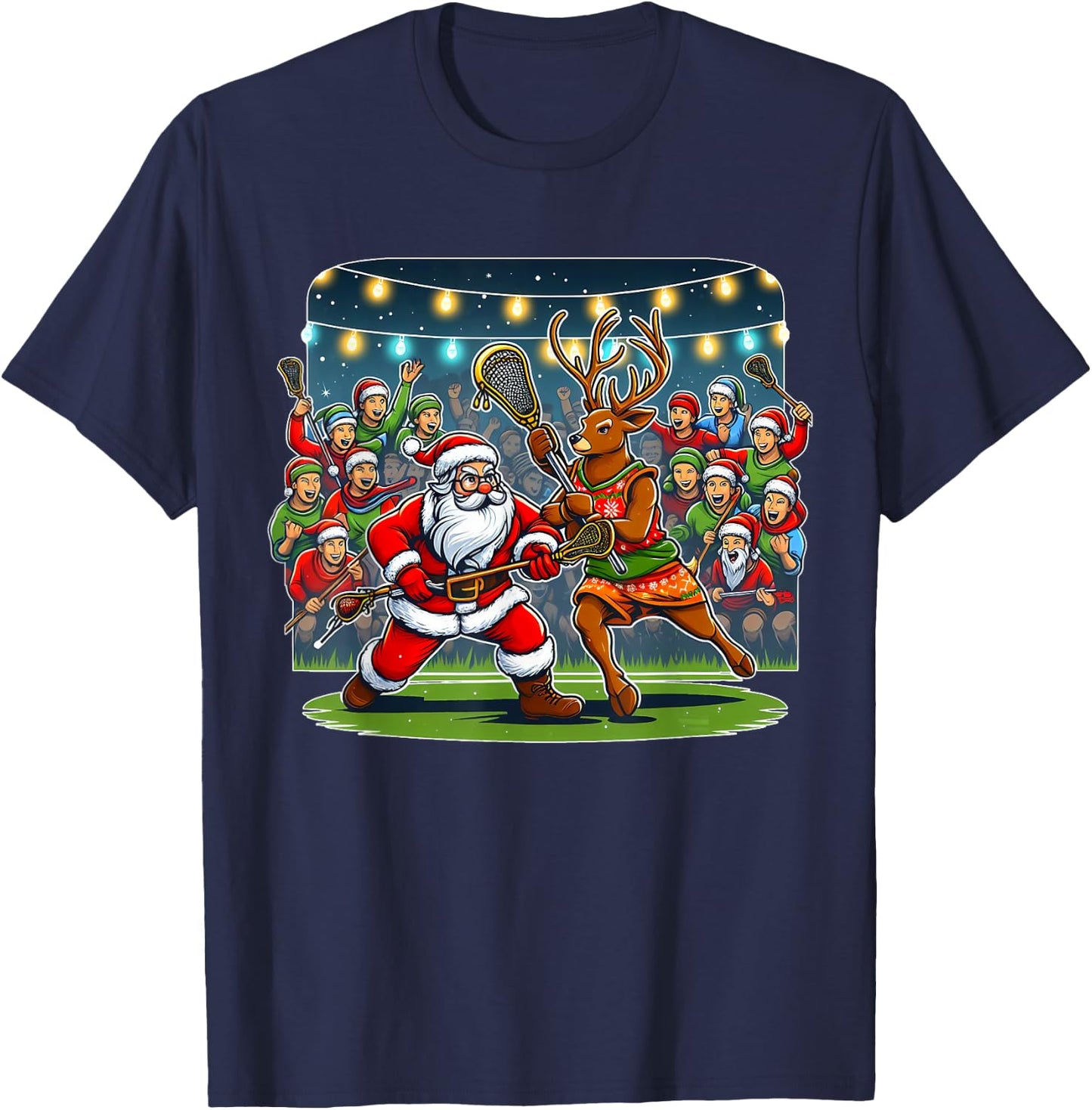 Lacrosse Player Christmas Santa Reindeer Playing Lax Graphic T-Shirt - T-Shirt | Navy
