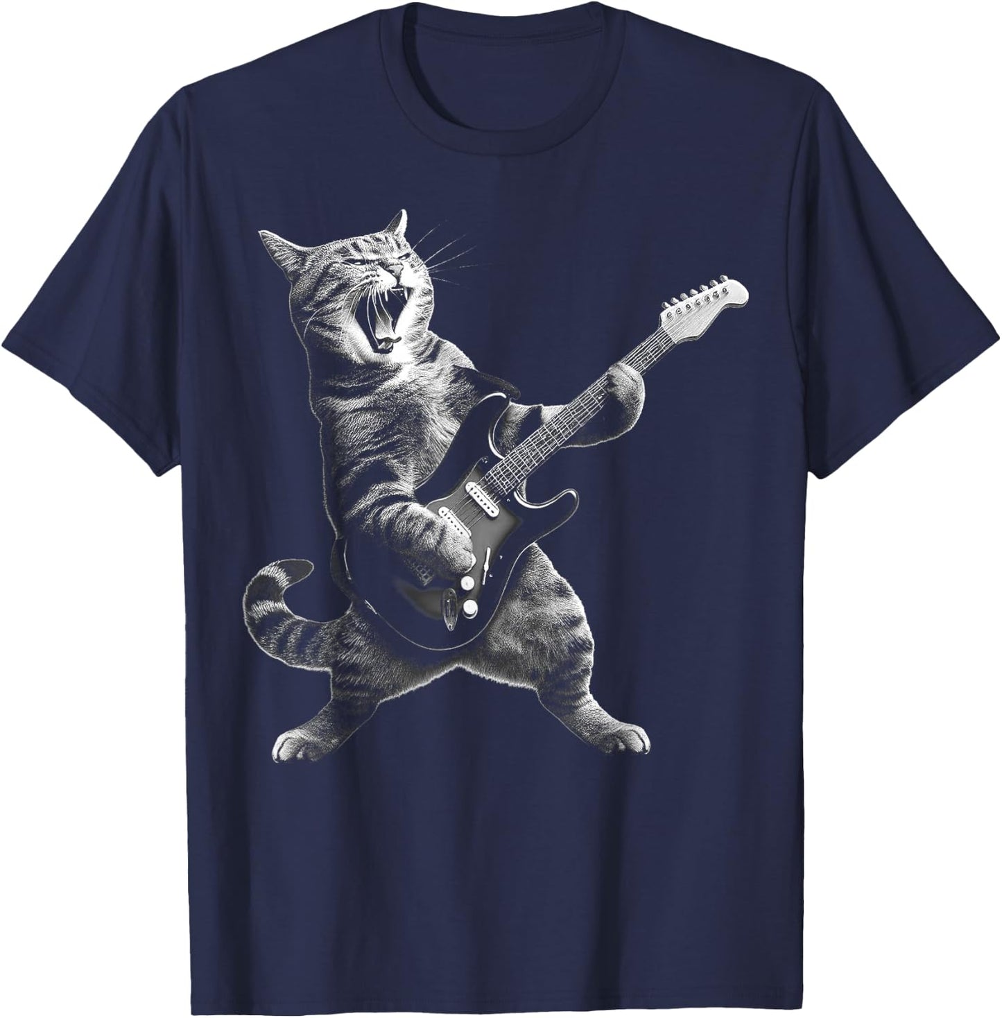 Cat Playing Guitar Rock and Roll Rock Star Women Kid T-Shirt - T-Shirt | Navy