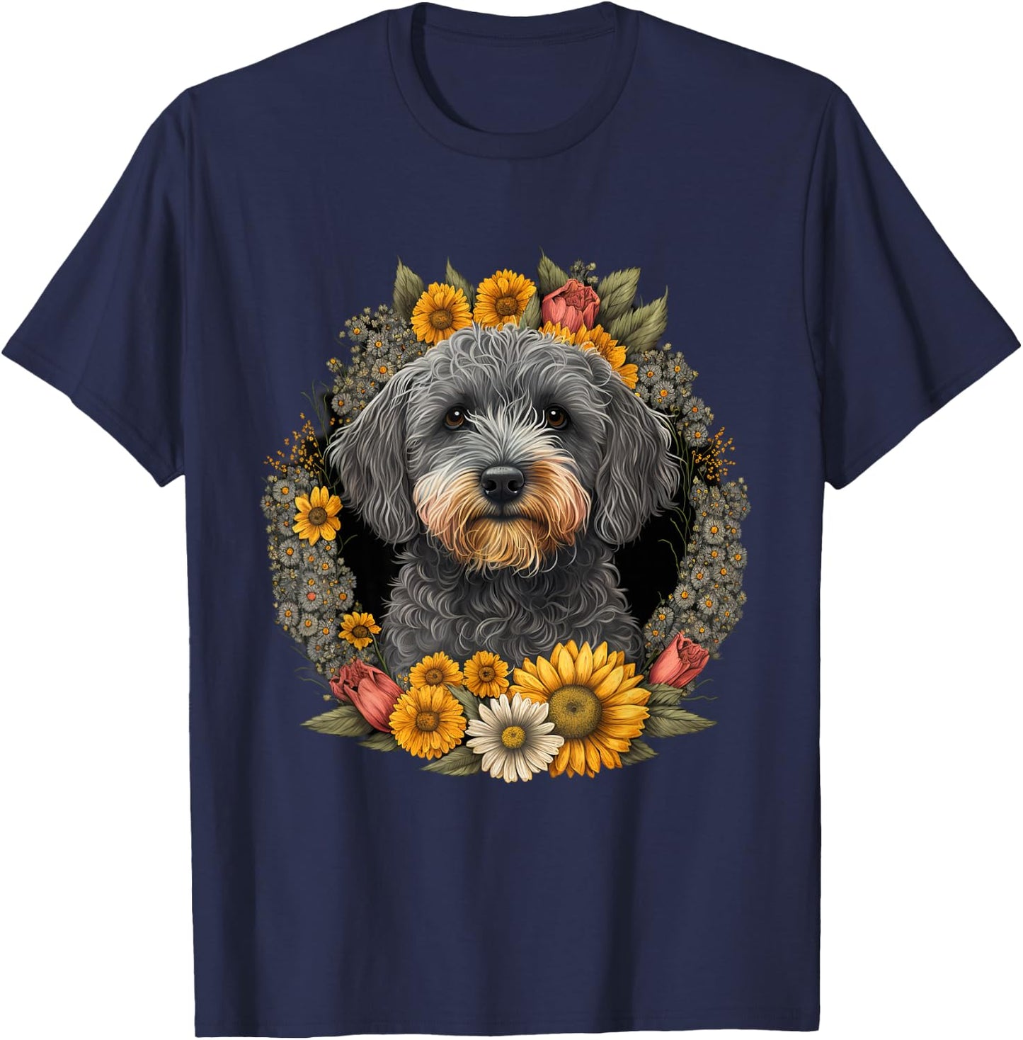 Sunflower Hippie Floral Schnoodle Dog T-Shirt - T-Shirt | Navy