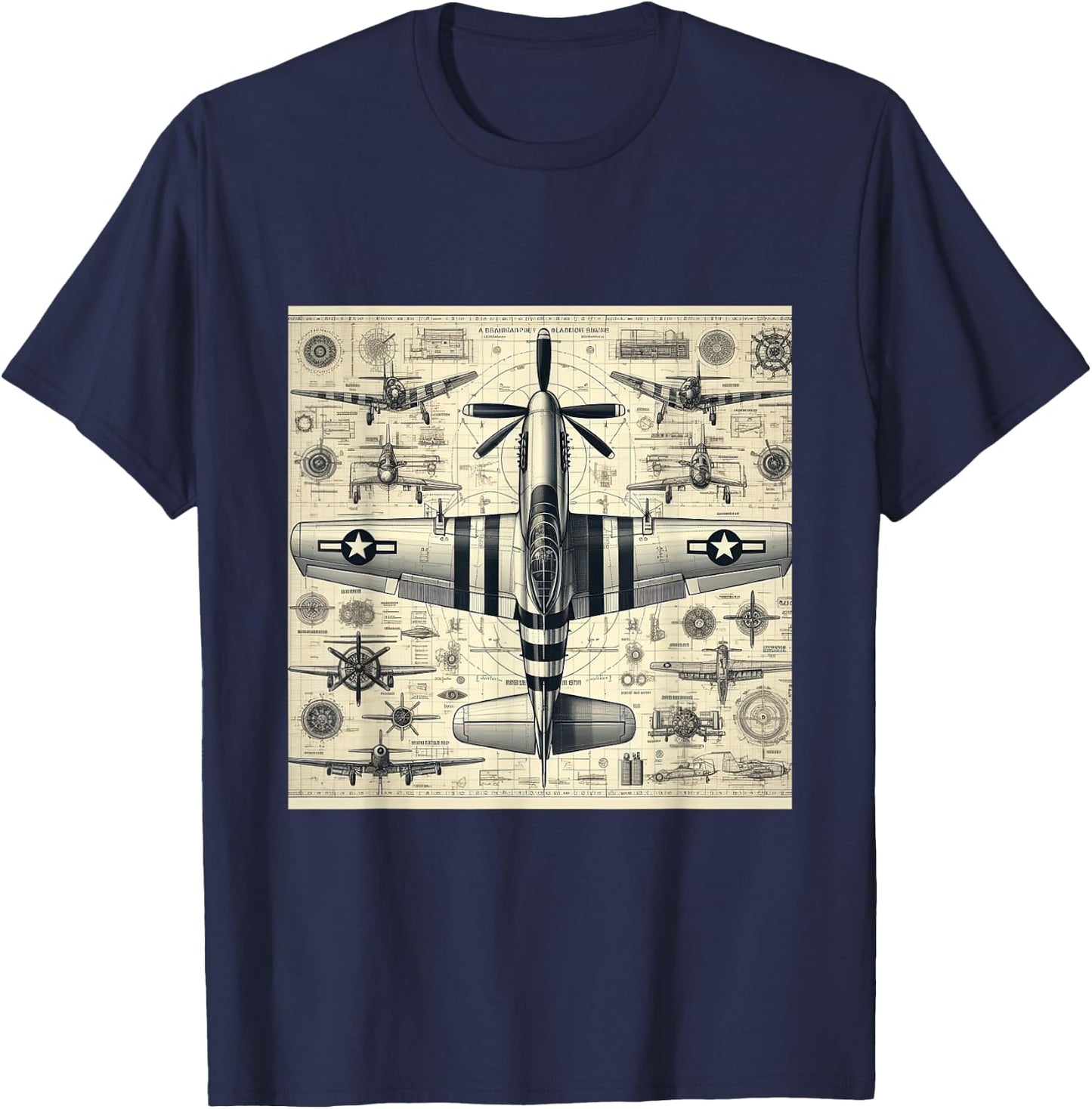 WW2 Warplane Vintage P51 Mustang Assembly Parts Blueprint T-Shirt - T-Shirt | Navy