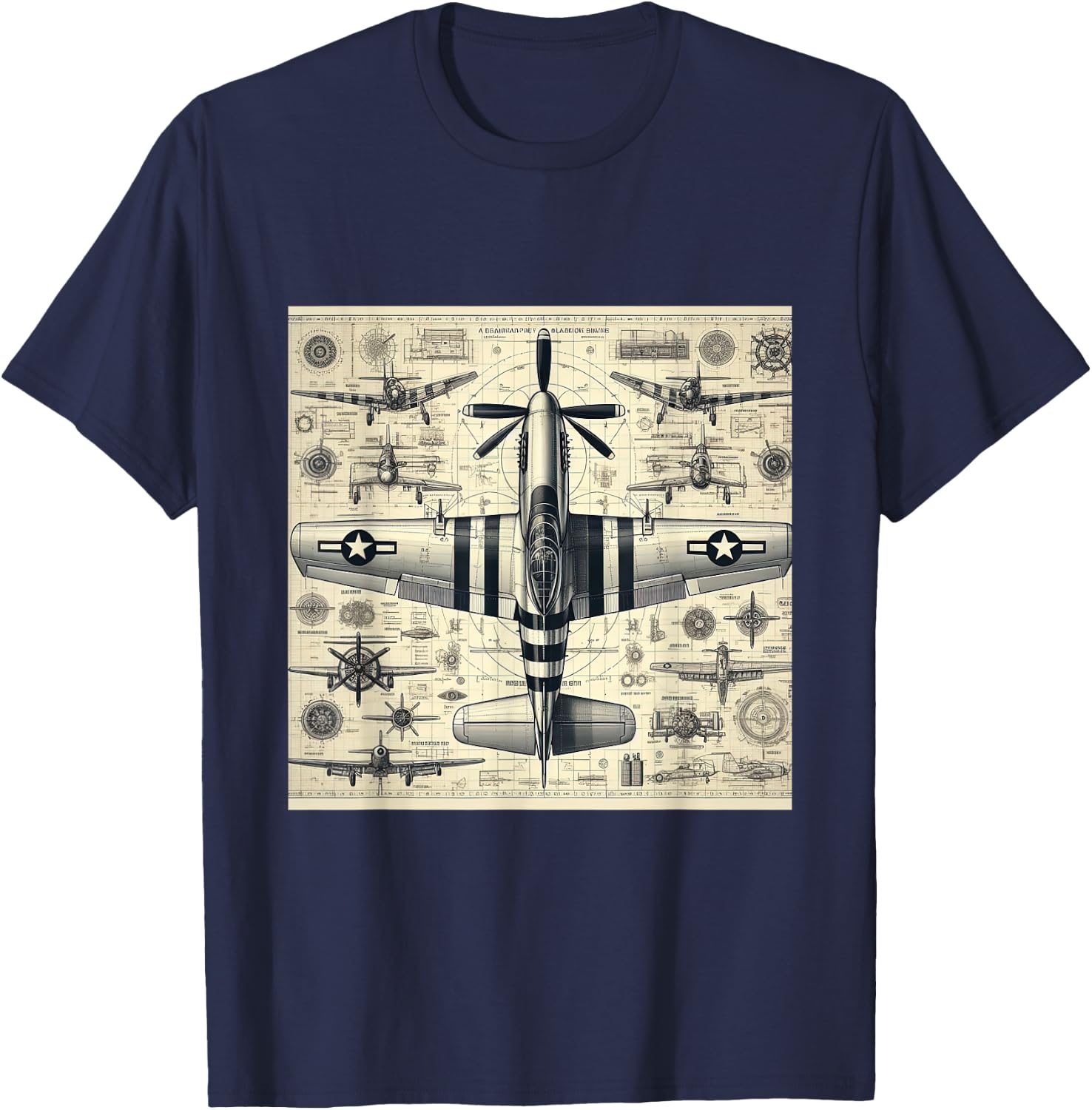 WW2 Warplane Vintage P51 Mustang Assembly Parts Blueprint T-Shirt - T-Shirt | Navy