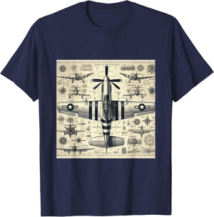 WW2 Warplane Vintage P51 Mustang Assembly Parts Blueprint T-Shirt - T-Shirt | Navy
