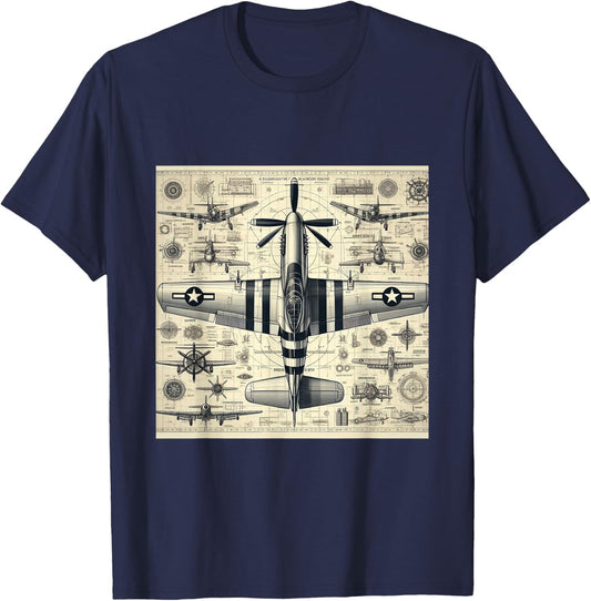 WW2 Warplane Vintage P51 Mustang Assembly Parts Blueprint T-Shirt - T-Shirt | Navy