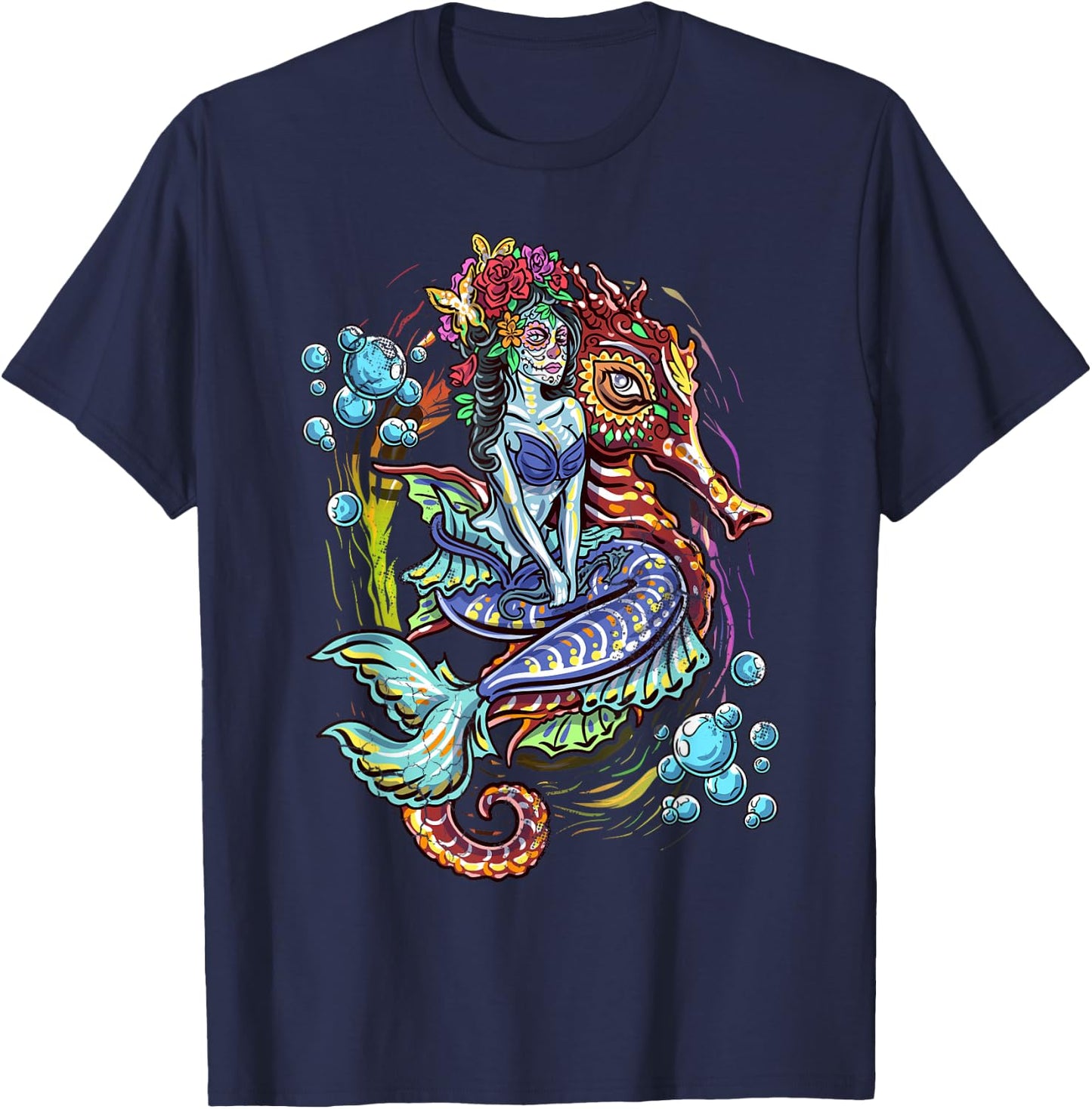 Day Of The Dead Seahorse Mermaid Art Design T-Shirt - T-Shirt | Navy