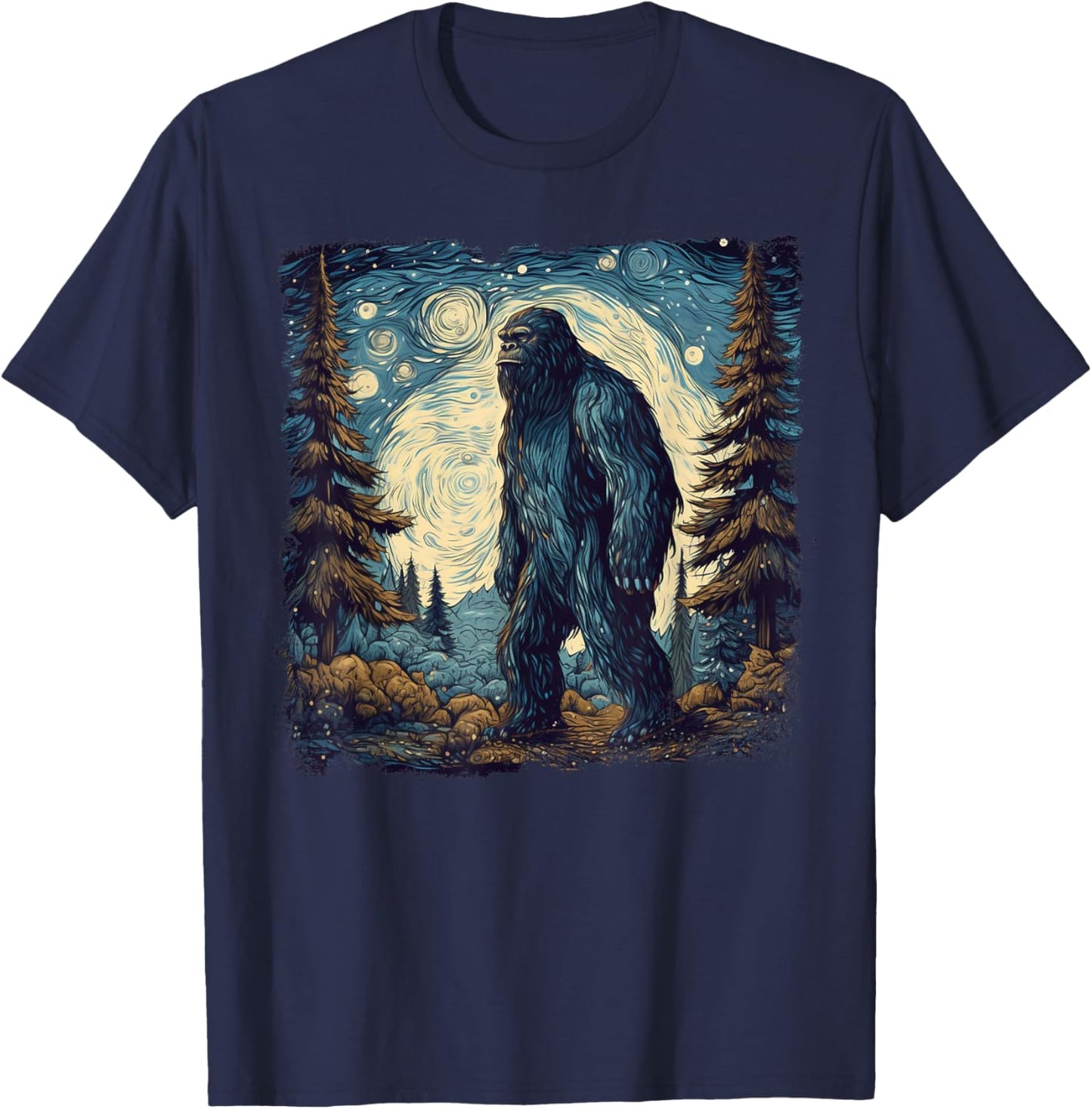 Bigfoot Starry Night Sasquatch Van Gogh Painting T-Shirt - T-Shirt | Navy
