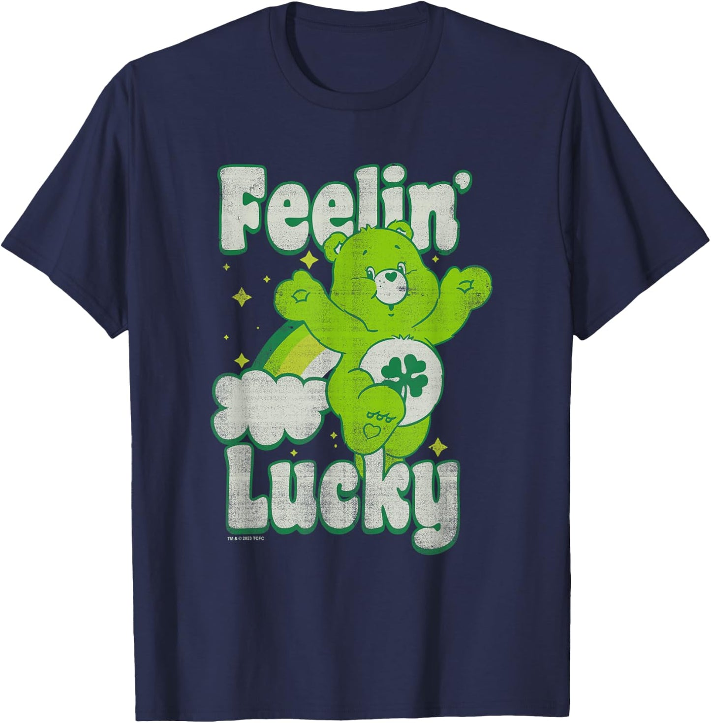 Care Bears Good Luck Bear Jumping Feelin Lucky Distressed T-Shirt - T-Shirt | Navy
