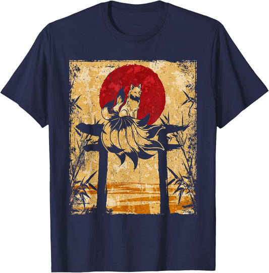 Nine-tailed fox Japanese retro art T-Shirt - T-Shirt | Navy
