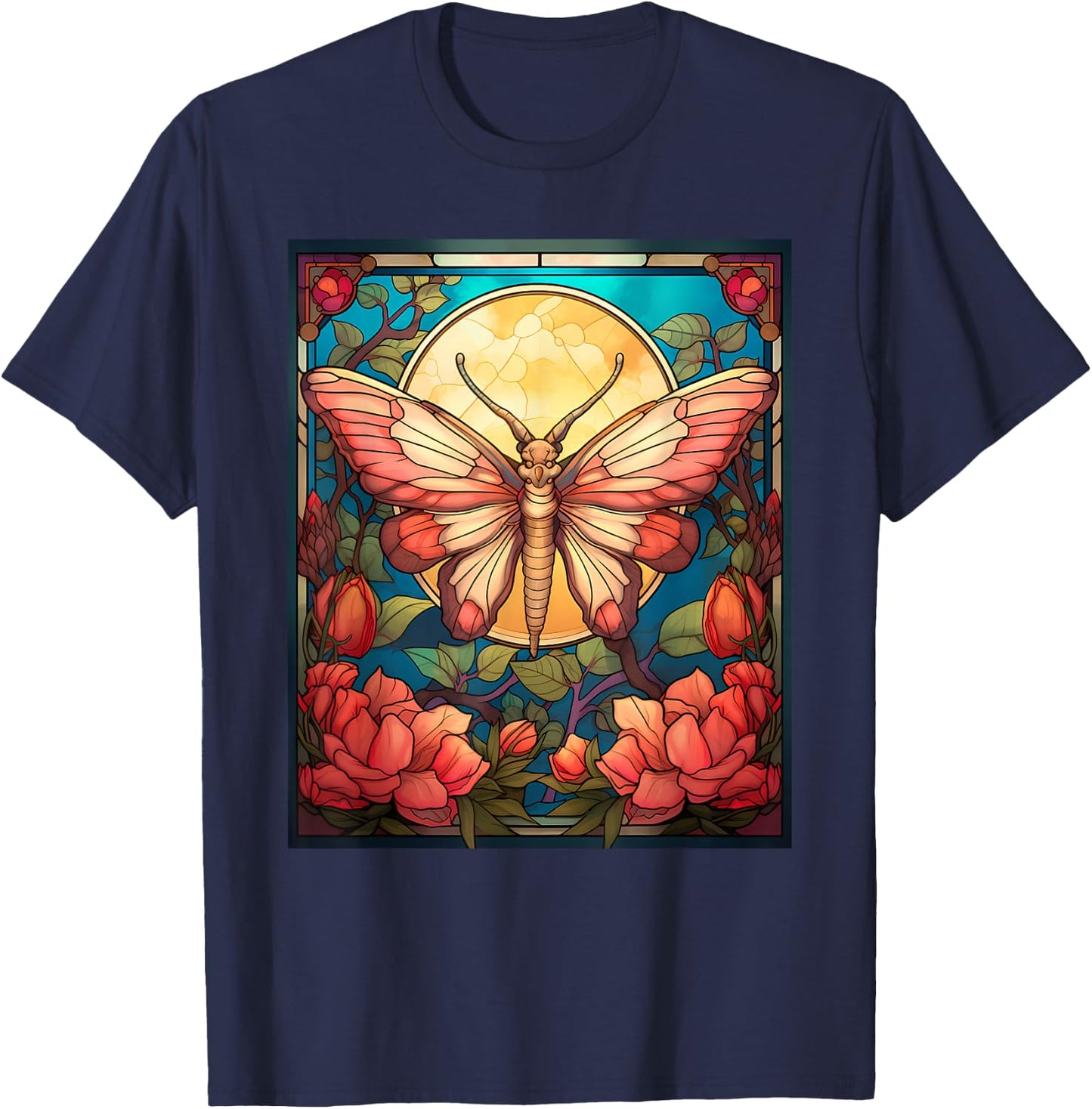 Stained Glass Style Rosy maple moth T-Shirt - T-Shirt | Navy