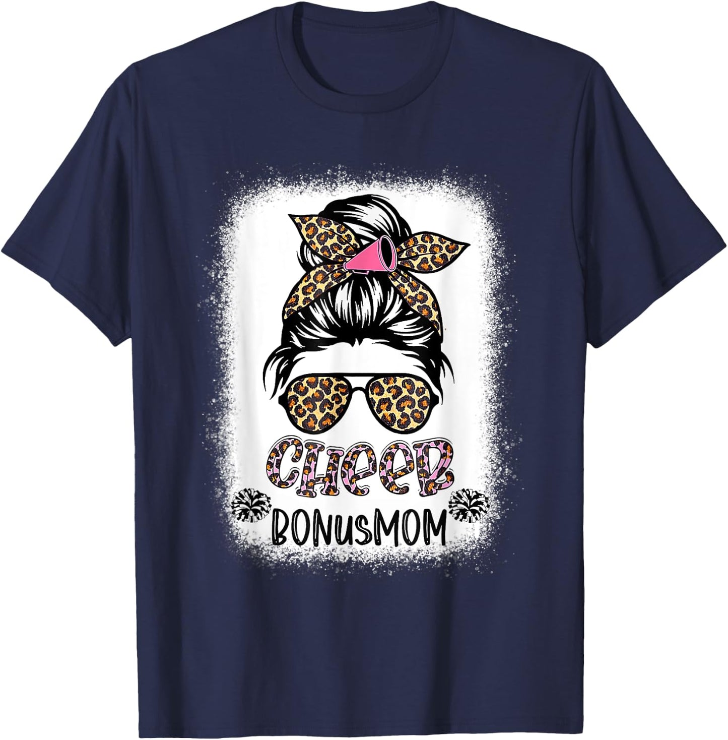 Cheer Bonus Mom Leopard Messy Bun Cheerleader Bleached T-Shirt - T-Shirt | Navy