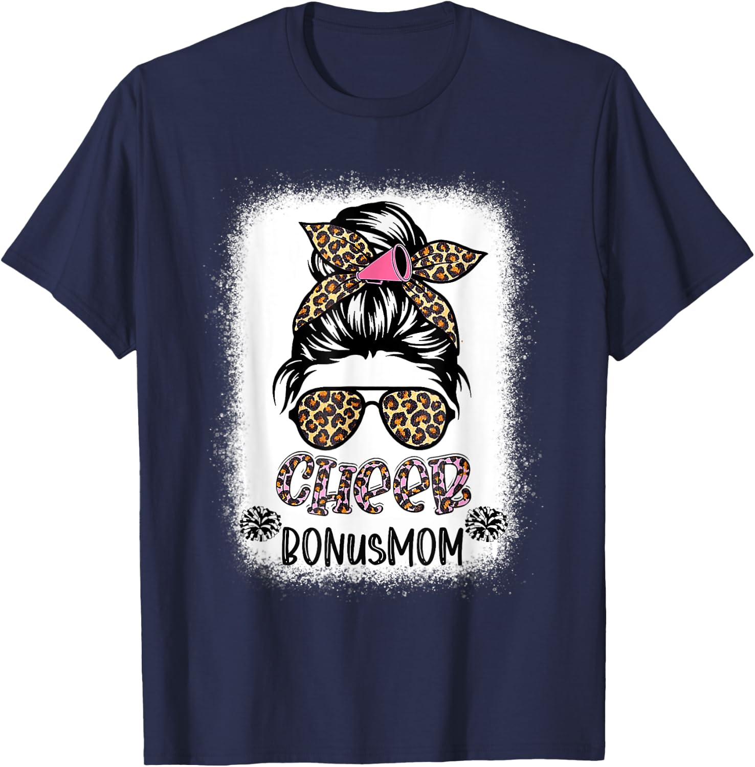 Cheer Bonus Mom Leopard Messy Bun Cheerleader Bleached T-Shirt - T-Shirt | Navy