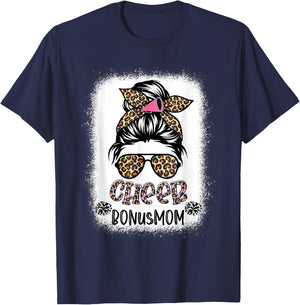 Cheer Bonus Mom Leopard Messy Bun Cheerleader Bleached T-Shirt - T-Shirt | Navy
