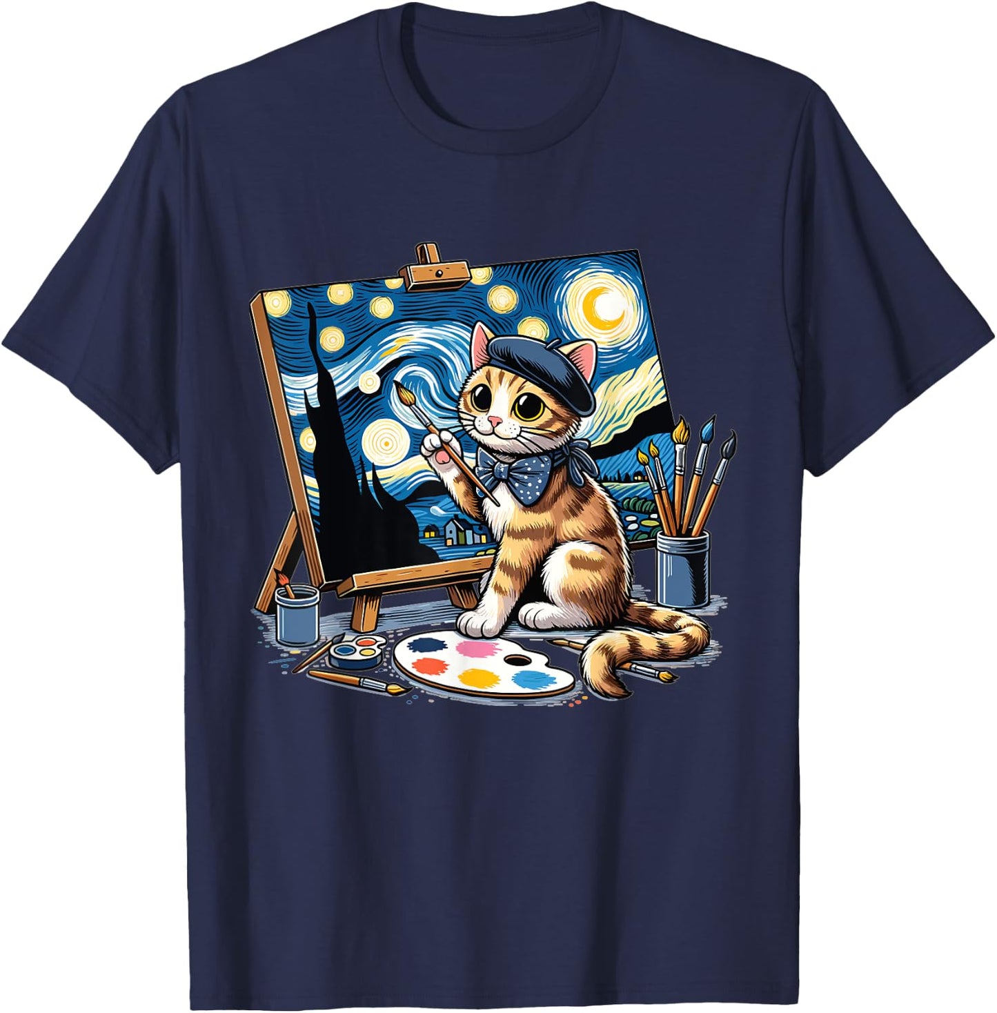 Funny Cute Cat Drawing Starry Night Painting Art For Artist T-Shirt - T-Shirt | Navy