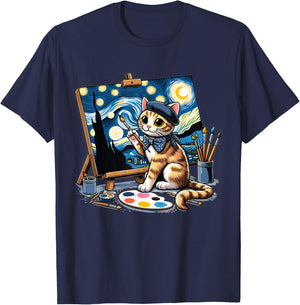 Funny Cute Cat Drawing Starry Night Painting Art For Artist T-Shirt - T-Shirt | Navy