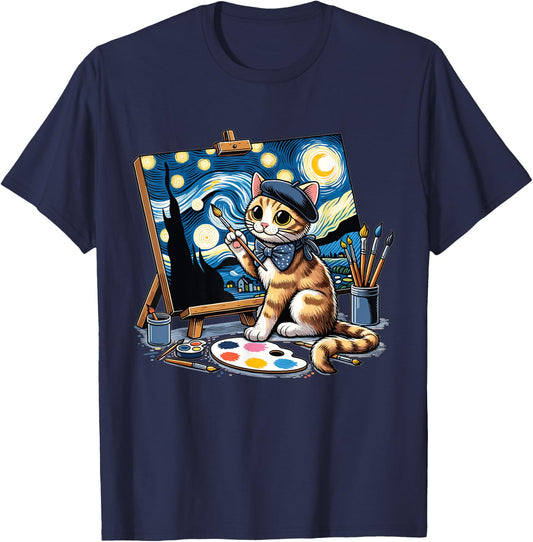 Funny Cute Cat Drawing Starry Night Painting Art For Artist T-Shirt - T-Shirt | Navy