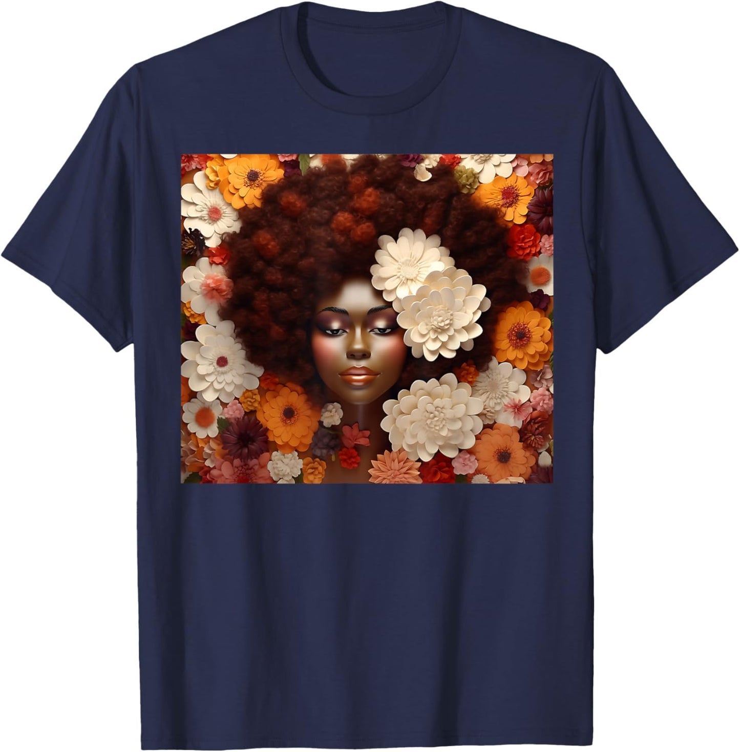 Afro Woman Floral Black Queen Puff Art Melanin Orange White T-Shirt - T-Shirt | Navy