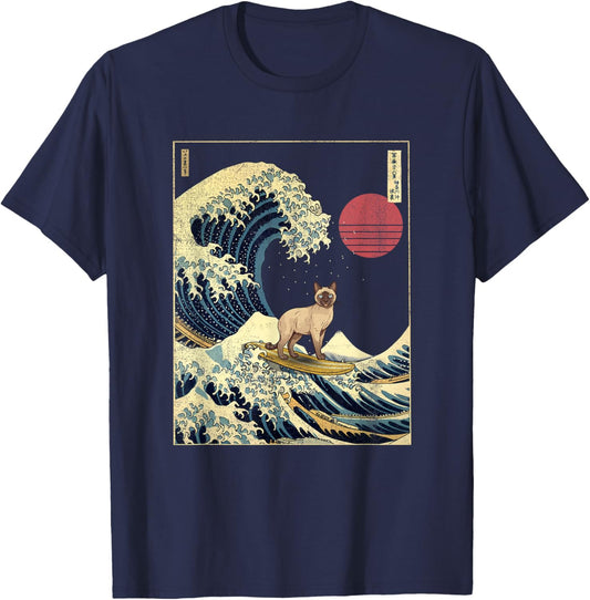 Siamese Cat Japanese Kanagawa Wave Funny Surf Animal T-Shirt - T-Shirt | Navy