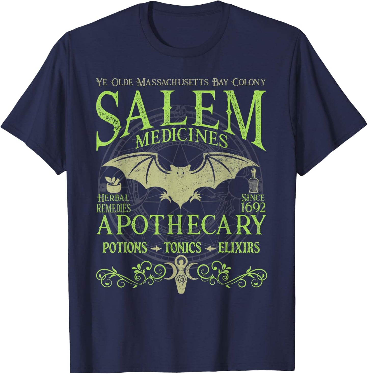 Salem Apothecary Herbalist Witch Wiccan Green Bat T-Shirt - T-Shirt | Navy