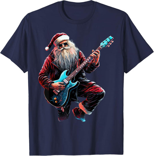 Rock & Roll Christmas Music Santa Claus Guitar Player T-Shirt - T-Shirt | Navy