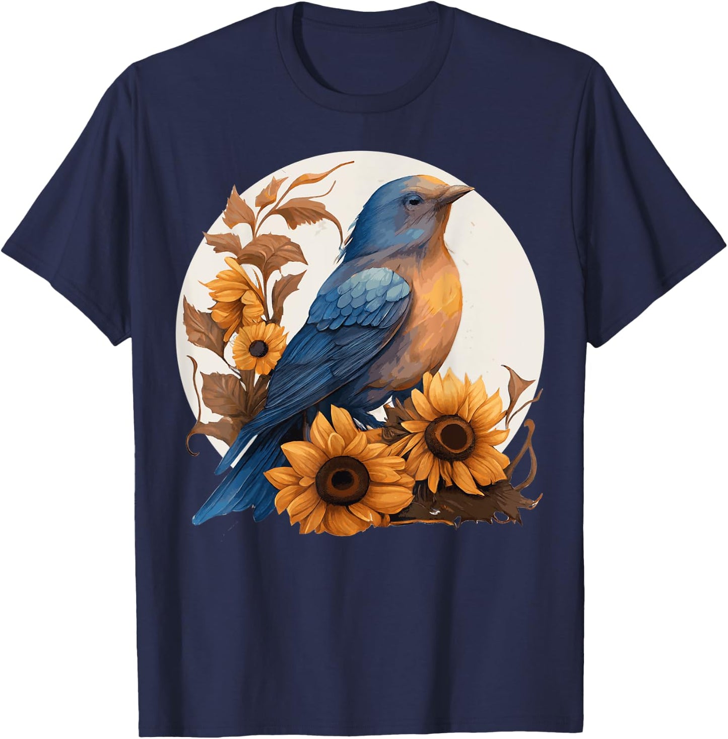 Cute Bluebird Sunflower Floral Watercolor Bluebird T-Shirt - T-Shirt | Navy