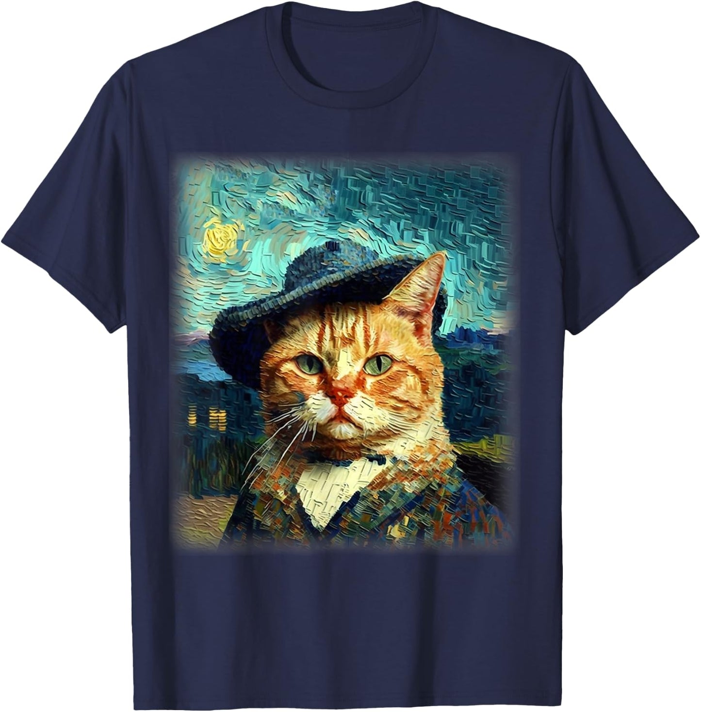 Starry Night Cat, Van Gogh Cat, Cat Mom, Cat Dad, Cat Lover T-Shirt - T-Shirt | Navy