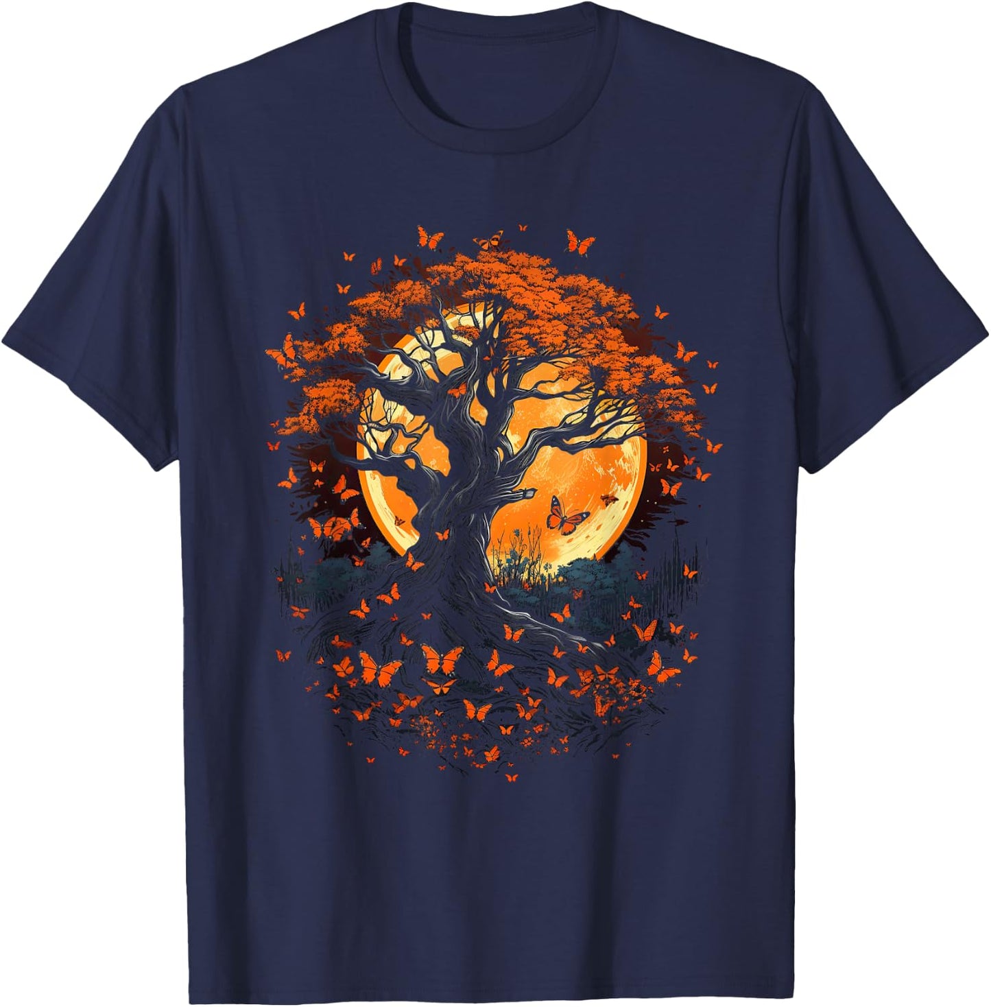 Fall Autumn falling leaves with Tree and Butterfly T-Shirt - T-Shirt | Navy
