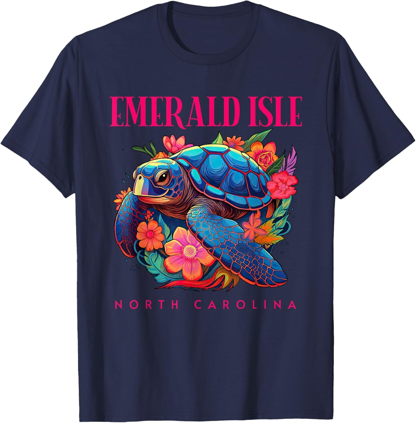 Emerald Isle North Carolina Floral Beach Turtle Souvenir T-Shirt - T-Shirt | Navy