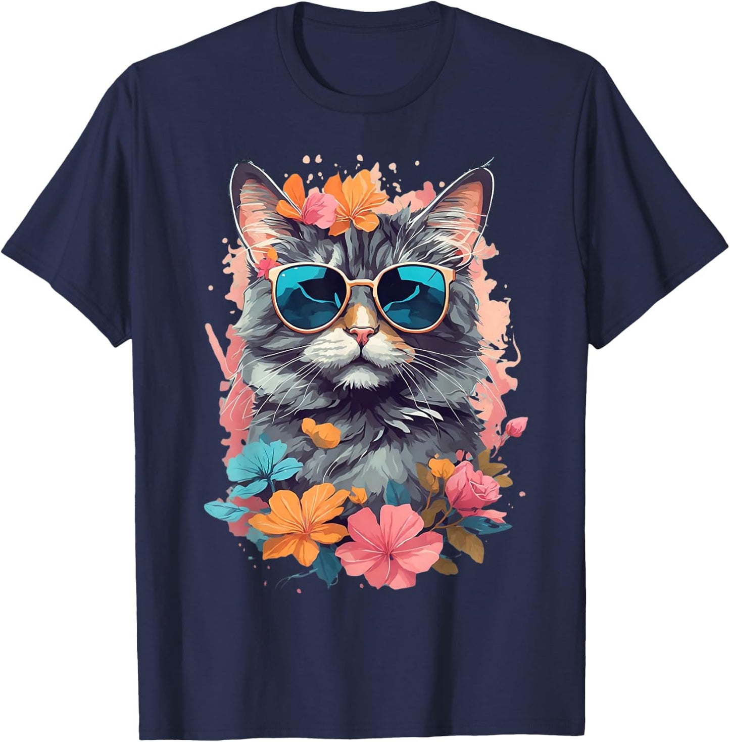 Sunglasses Tabby Cat Shirt for Girls Floral Flowers Graphic T-Shirt - T-Shirt | Navy