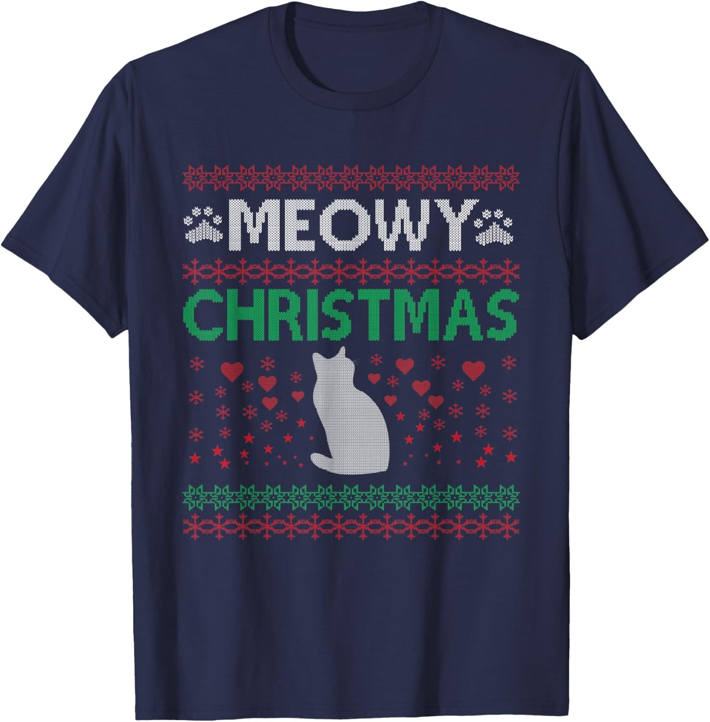 Meowy Cat Christmas Ugly Sweater Men Women Kids T-Shirt - T-Shirt | Navy