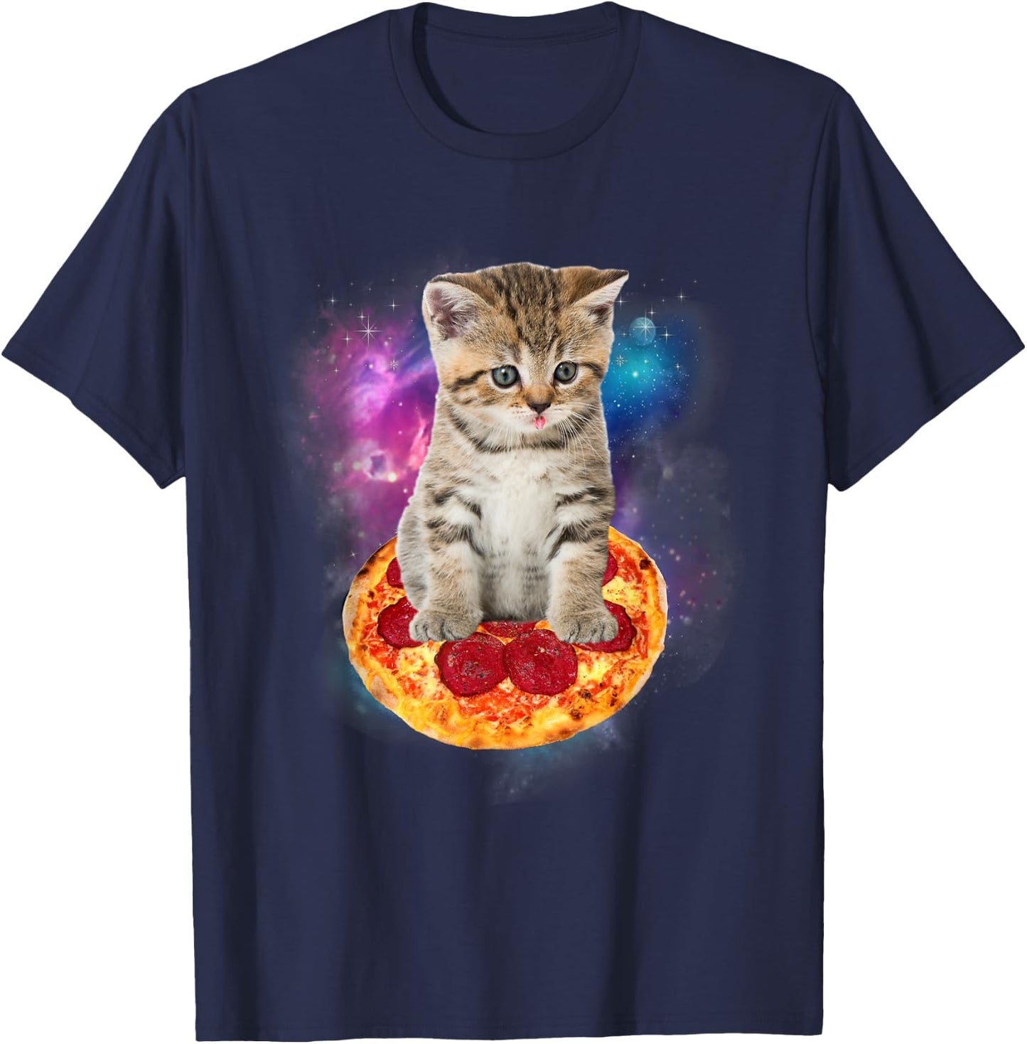 Funny Galaxy Cat in Space - Cat riding Pizza and Taco Lover Women Kids T-Shirt - T-Shirt | Navy