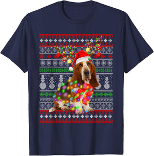 Santa Basset Hound Dog Christmas Lights Ugly Xmas Sweater Men Women Kids T-Shirt - T-Shirt | Navy